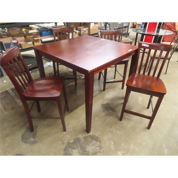 Wooden High Pub Style Table 42" x 42" x 36" Tall & 4 Chairs