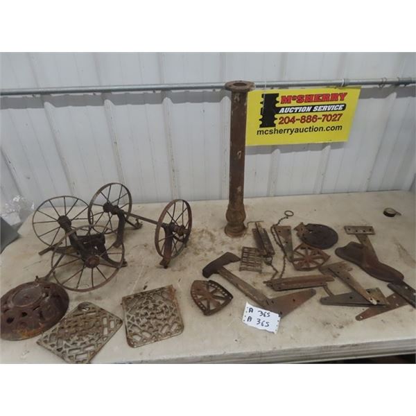 Old Cast Pieces; Trivet, Stove Cast, Base, Wheels Door Hardware plus more