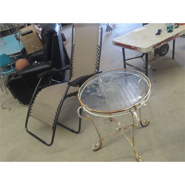 Wrought Iron & Glass Patio Stand 27" Tall 22" Wide & Gravity Lounge Folding Chair