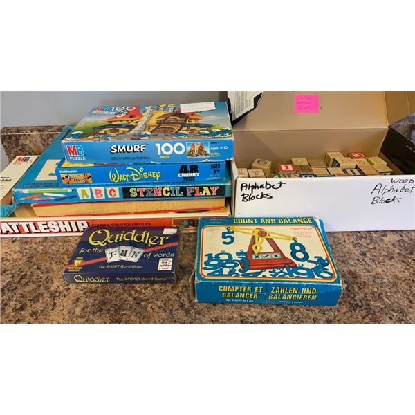 VINTAGE GAMES - BATTLESHIP, SPIROGRAPH, NEW QUIDDLER GAME, STENCIL PLAY, PUZZLES, 54 VINTAGE BLOCKS