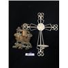 Image 1 : Vintage Collectible Lot Including Metal Wall Hanger and Metal Cross Candle Holder