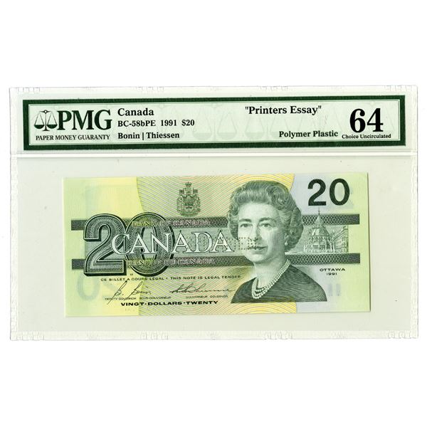 Bank of Canada, 1991, $20, DuraNote Essay Polymer Plastic Banknote Rarity.