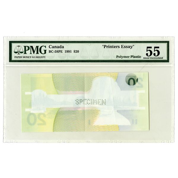 Bank of Canada, 1991, $20, DuraNote Progress Specimen-Proof Essay Polymer Plastic Banknote Rarity.