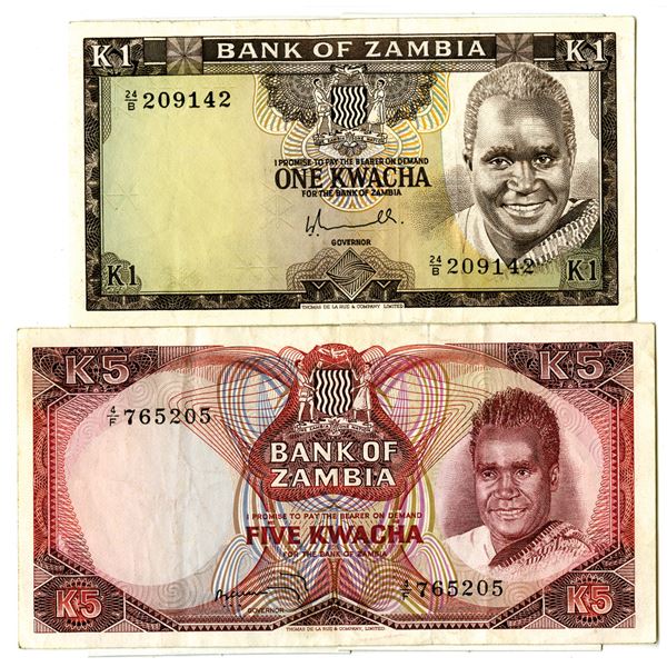 Bank of Zambia, ND (1973-76) Issued Banknote Pair