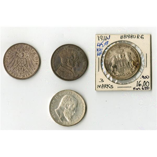 Württemberg, Lübeck, Hamburg, & Prussia. 1861-1911. Quartet of Silver Coins.
