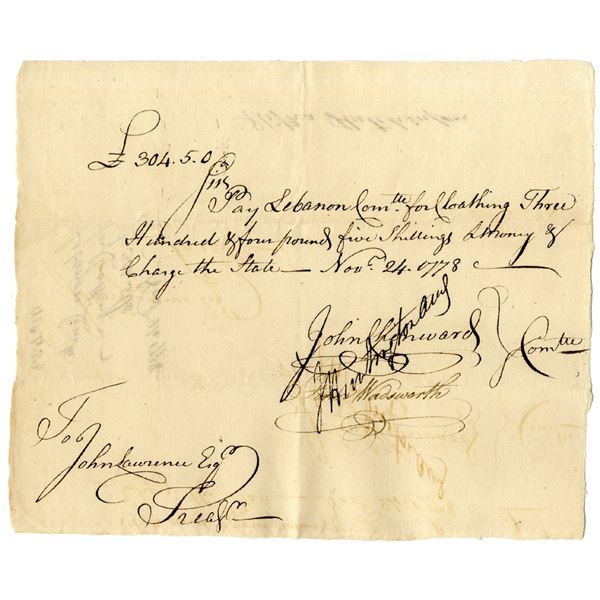 Revolutionary War Connecticut, 1778 Promissory Note Issued for Clothing