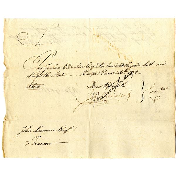 Revolutionary War Connecticut, 1778 Promissory Note Signed by Fenn Wadsworth and Jedediah Huntington