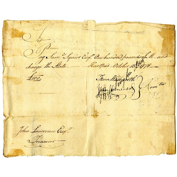 Revolutionary War Connecticut, 1778 Promissory Note Signed by Fenn Wadsworth and Jedediah Huntington