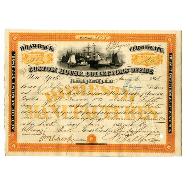 Custom House, Collectors' Office, 1868 Issued Drawback Certificate