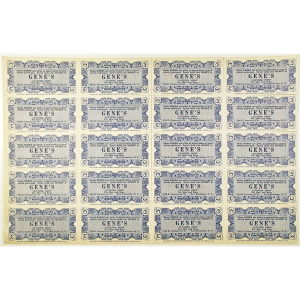 Gene's Clothes Shop 1927 Uncut 5 Cent Scrip Note Sheet of 20 Notes for Merchandise