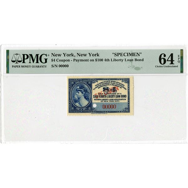 New York, Specimen 4th Liberty Loan, $4, Partial Payment Coupon to Purchase a $100 Bond, ND