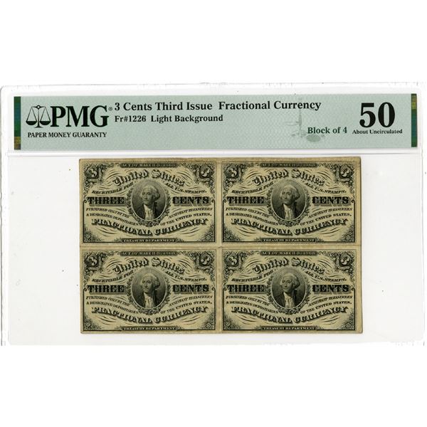 U.S. Fractional Currency, 1863, 3 Cents, Fr#1226, Light Background, Uncut Block of 4 Fractional Curr