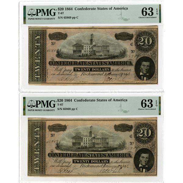 Confederate States of America, 1864, Sequential Pair of Issued Banknotes