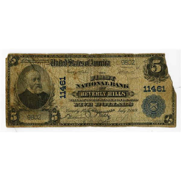 Beverly Hills, California. National Bank of Beverly Hills, $5 PB, Series of 1902, Charter #11461 Nat