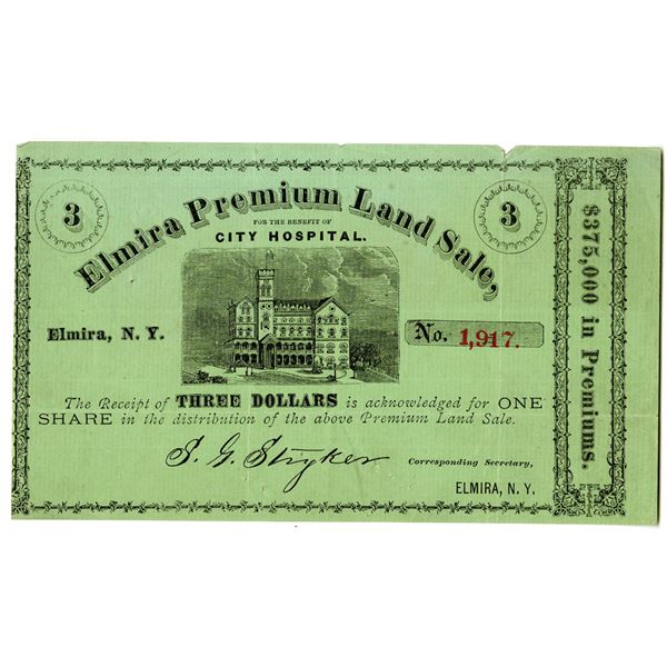 Elmira Premium Land Sale for the Benefit of City Hospital, ca.1870-1880's Issued Share - Lottery Cer