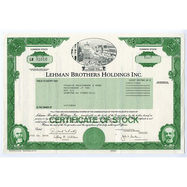 Lehman Brothers Holdings Inc., 2005 I/U Stock Certificate.