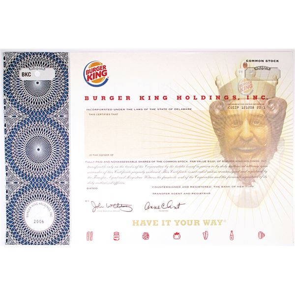 Burger King Holdings, Inc. 2006 Specimen Stock Certificate