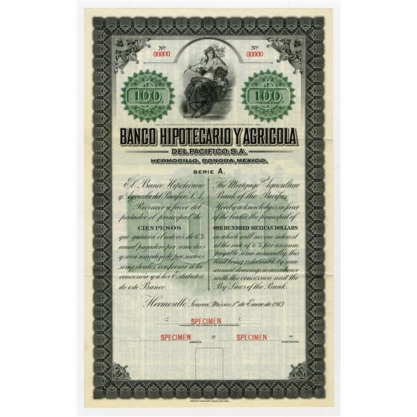 Banco Hipotecario Y Agricola Del Pacifico, S.A., 1913 Specimen Bond Payable in Silver.