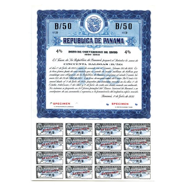 Republica de Panama, Bono De Conversion De 1950 Specimen Bond.