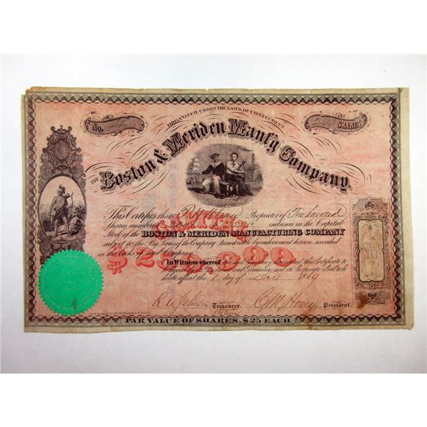 Boston & Meriden Manf'g Co., 1869 I/U Stock Certificate.