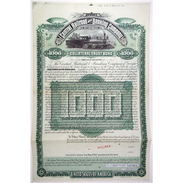 Central Railroad and Banking Co. of Georgia 1887 Specimen Bond Rarity