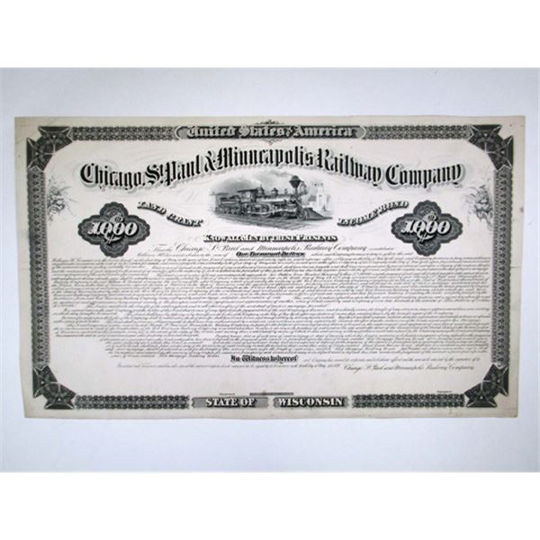 Chicago, Milwaukee, and St. Paul & Minneapolis Railway Co. 1878 Possibly Unique Progress Proof Bond