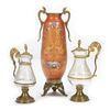 Image 1 : Pair of Gilt-metal and Etched Glass Pitchers, with a Pink Glass Vase