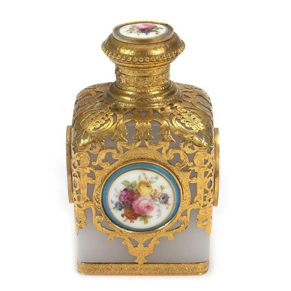 Gilt-Filigree Ormolu and Porcelain Decorated Scent Bottle