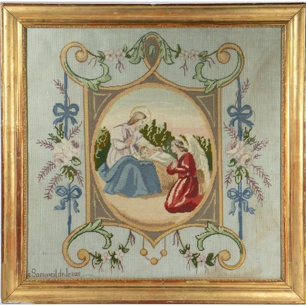 Large French Needlepoint of the Nativity, Framed