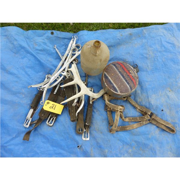 CANTEEN, JUG, HALTER, DEER ANTLER AND HARNESS PARTS