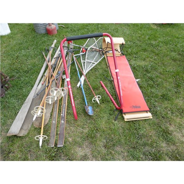 PADDLE, CROSS-COUNTRY SKIS, SNOW SHOES, TOBOGGAN, ICE AUGER AND SKATING STAND