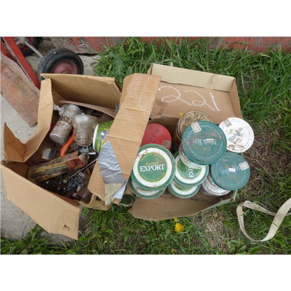 ASST. BOLTS, TOBACCO TINS, INSULATORS AND HAND TOOLS