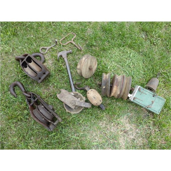 6- PULLEYS, MOLE TRAP, WEIGHT AND HAMMER