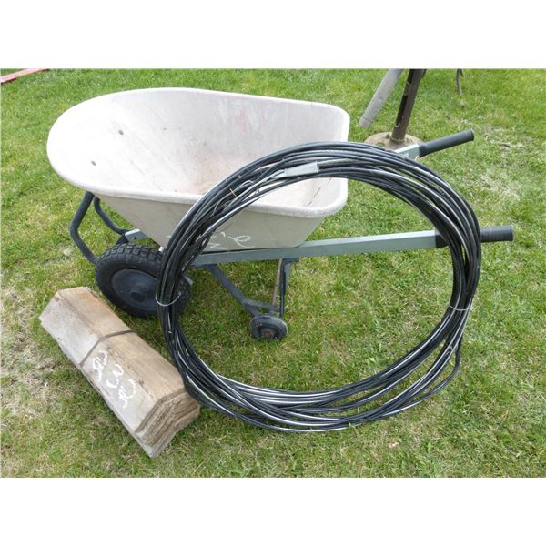 WHEELBARROW, WIRE, CEDAR ROOF CAPS