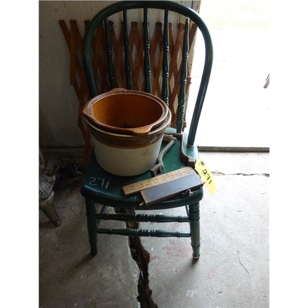CHAIR, GATE, 2- HANDLES, 2- POTS AND FOLDING MEASURING STICK