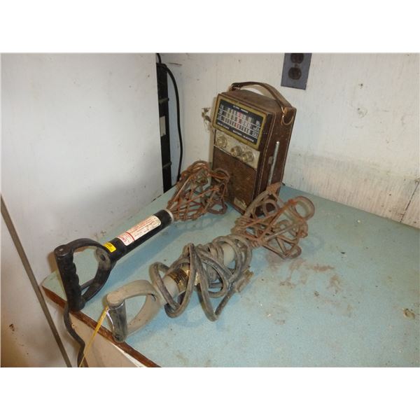 OLD HAND-HELD RADIO AND 2- ELEC. IRONS