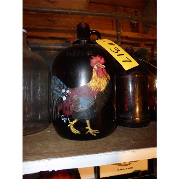 BROWN GLASS JUG WITH ROOSTER PAINTING
