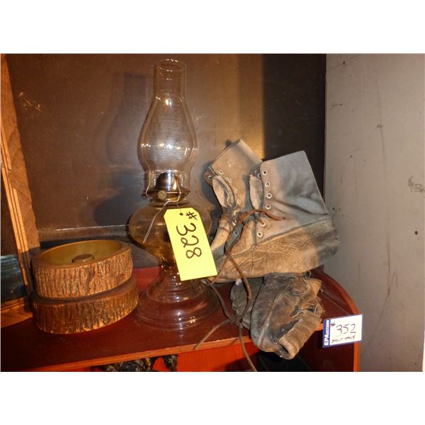 OIL LAMP, BASEBALL MITT, BOOT LINERS, DECORATIVE DISHES