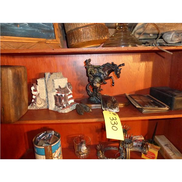 ELEC. SHAVER, VINTAGE BROOM HOLDER, BRONC RIDER STATUE, BOOK ENDS, WOODEN BOX AND CLOCK WEIGHTS