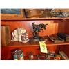 Image 1 : ELEC. SHAVER, VINTAGE BROOM HOLDER, BRONC RIDER STATUE, BOOK ENDS, WOODEN BOX AND CLOCK WEIGHTS