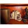 Image 2 : ELEC. SHAVER, VINTAGE BROOM HOLDER, BRONC RIDER STATUE, BOOK ENDS, WOODEN BOX AND CLOCK WEIGHTS
