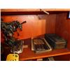 Image 3 : ELEC. SHAVER, VINTAGE BROOM HOLDER, BRONC RIDER STATUE, BOOK ENDS, WOODEN BOX AND CLOCK WEIGHTS