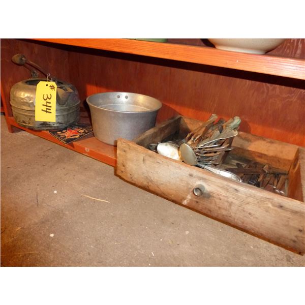 KETTLE, POT, AND QTY OF SILVERWARE