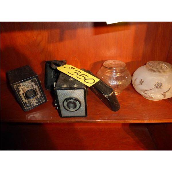 ANTIQUE BOX CAMERAS AND LIGHT FIXTURES