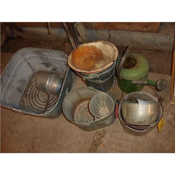 WASH TUB (HOLE), PAILS, DISH PAN AND WATERING CAN