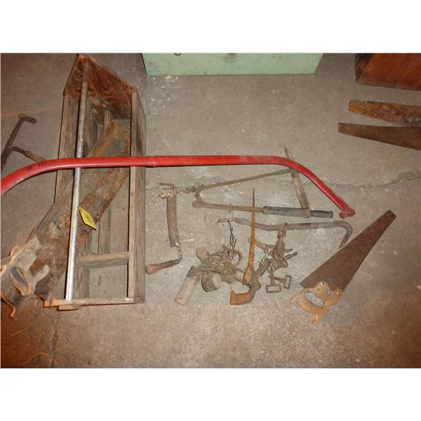 TOOLBOX, SAWS, DRAW KNIFE, CROW BAR, NAIL PULLER