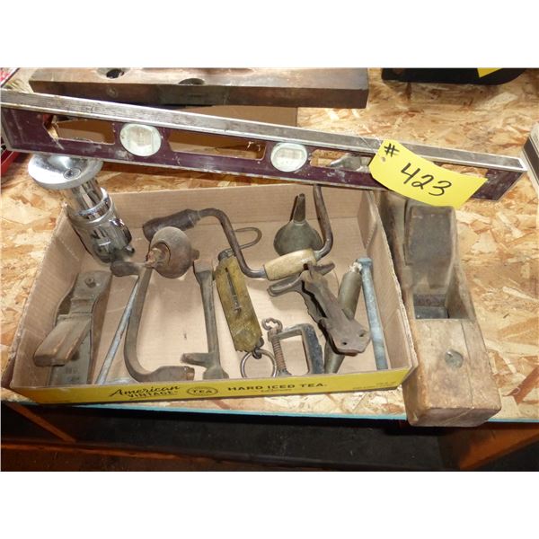 BLOCK PLANE, BRACING BIT, LEVEL, BRASS SCALE AND HAND TOOLS