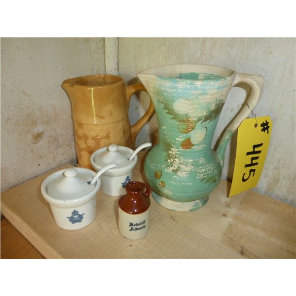 PITCHERS, 2 LITTLE BROWN JUGS, MEDALTA POTS C/W SPOONS