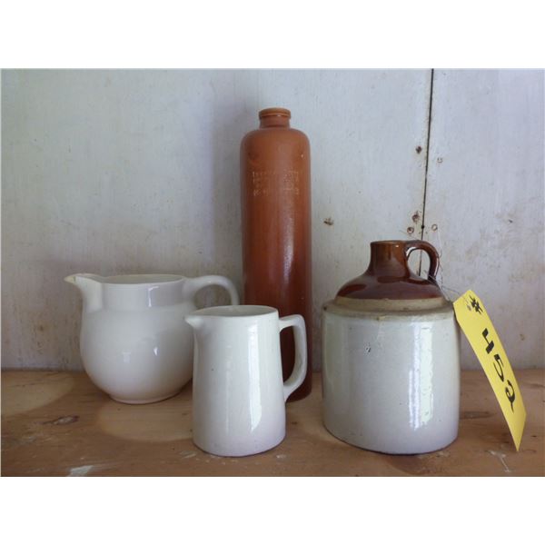 2- PITCHERS, BROWN JUG, WINE BOTTLE