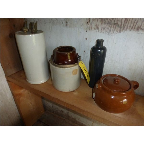 BROWN JUG, WATER RESEVOIR, WINE BOTTLE, BEAN POT